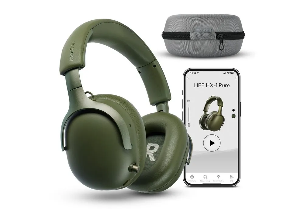 Medion® LIFE HX-1 Pure Over Ear-Kopfhörer (MD43774) Kopfhörer (An/Aus Anzeige, Austauschbare Ohrpolster, AUX-Eingang, Bluetooth, Drahtlos, Drehbare Ohrmuscheln, Integrierte Akku, LED-Beleuchtung, Spritzwasserschutz, USB-Ladefunktion, Bluetooth 5.4, bis zu 100 Stunden Akkulaufzeit, IPX4 Spritzwasserschutz, Bluetooth)