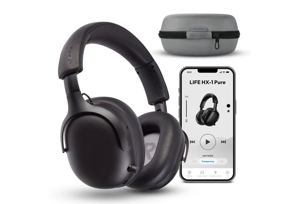Medion® LIFE HX-1 Pure Over Ear-Kopfhörer (MD43774) Kopfhörer (An/Aus Anzeige, Austauschbare Ohrpolster, AUX-Eingang, Bluetooth, Drahtlos, Drehbare Ohrmuscheln, Integrierte Akku, LED-Beleuchtung, Spritzwasserschutz, USB-Ladefunktion, Bluetooth 5.4, bis zu 100 Stunden Akkulaufzeit, IPX4 Spritzwasserschutz, Bluetooth)