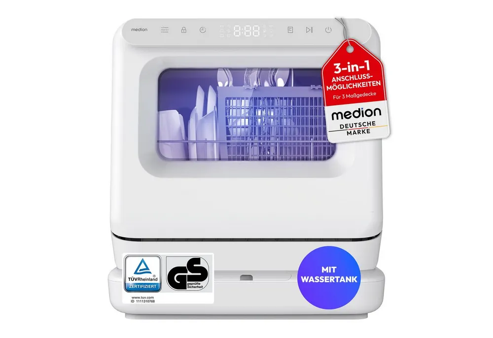 Medion® Tischgeschirrspüler MD370022, 3 Maßgedecke, 6 Programme, 3 Maßgedecke, LED Touch Display, Touchscreen