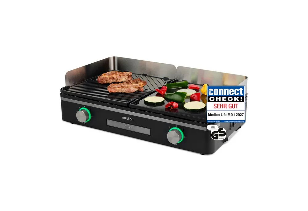 Medion® Tischgrill MEDION LIFE Tischgrill mit Dual-Zonen-System (MD12027), 2400 W, IPX4-Schutz, spülmaschinengeeignet (abnehmbare Teile)