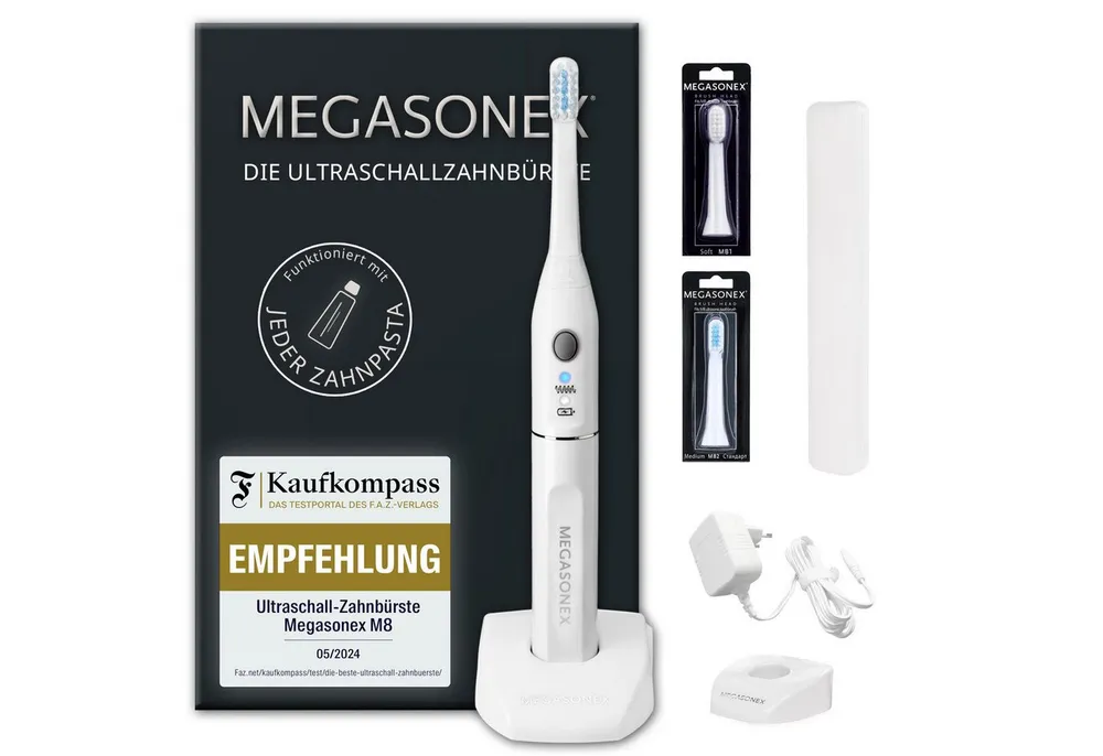 Megasonex Ultraschallzahnbürste M8, Aufsteckbürsten: 2 St., Ultraschall-Zahnbürste mit Ladestation, 2 Bürstenköpfen & Reiseetui