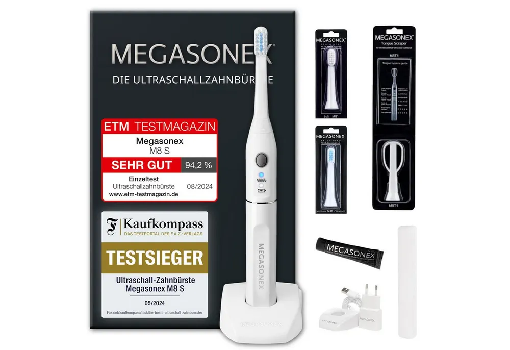 Megasonex Ultraschallzahnbürste M8 S, Aufsteckbürsten: 2 St., Mit 1,6MHz Ultraschall, 2 Schallvibrations-Modi & innovativem Zubehör