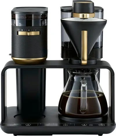 Melitta Kaffeemaschine mit Mahlwerk 1024-02, 1l Kaffeekanne, Papierfilter 1x4, Schwarz/Gold, 360°rotierender Wasserauslauf