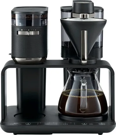 Melitta Kaffeemaschine mit Mahlwerk 1024-01, 1l Kaffeekanne, Papierfilter 1x4, Schwarz/Gold, 360°rotierender Wasserauslauf