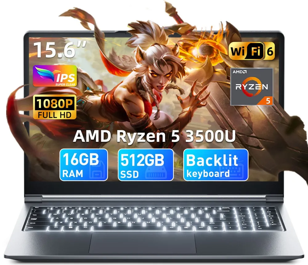 MENGHU 15,6" FHD AI Laptop mit beleuchteter Tastatur 16GB RAM 512GB SSD Notebook (AMD Ryzen 5 3500U, 16 GB, 512 GB SSD)
