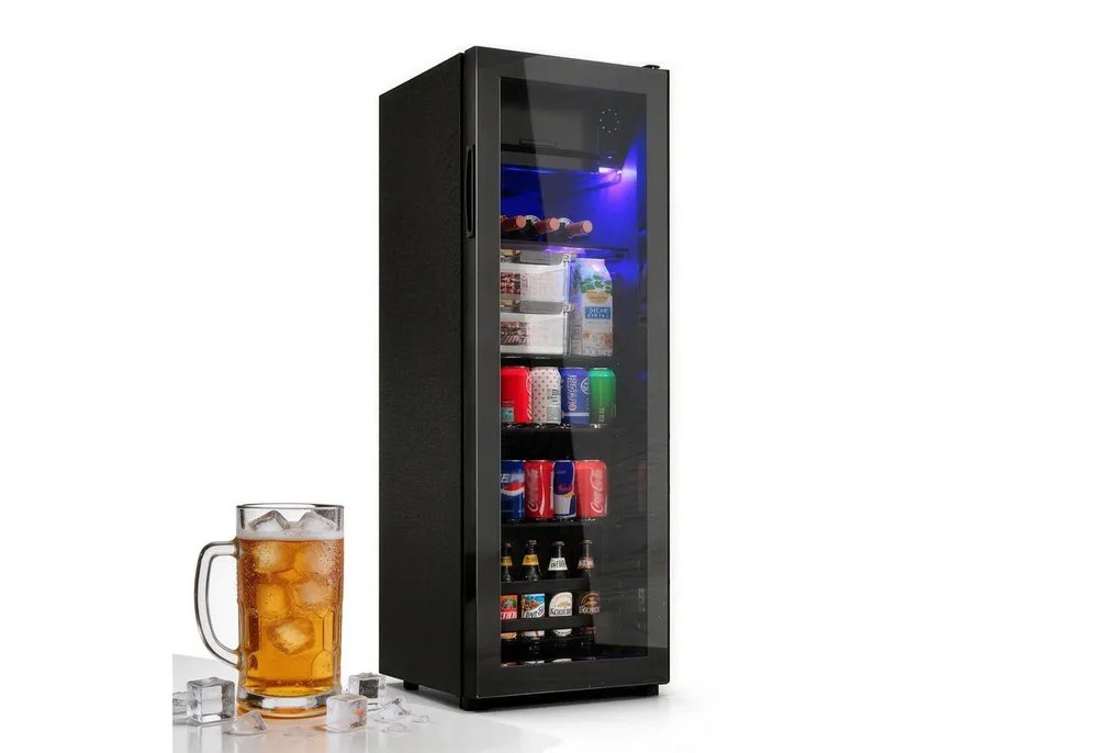 Merax Kühlschrank 128L mit Gefrierfach, Glastür, LED-Beleuchtung, verstellebare Ablage, Getränkekühlschrank SC-128P, 110 cm hoch, 40 cm breit, Mini Kühlschrank, Kühl- und Gefrierfunktion, freistehend