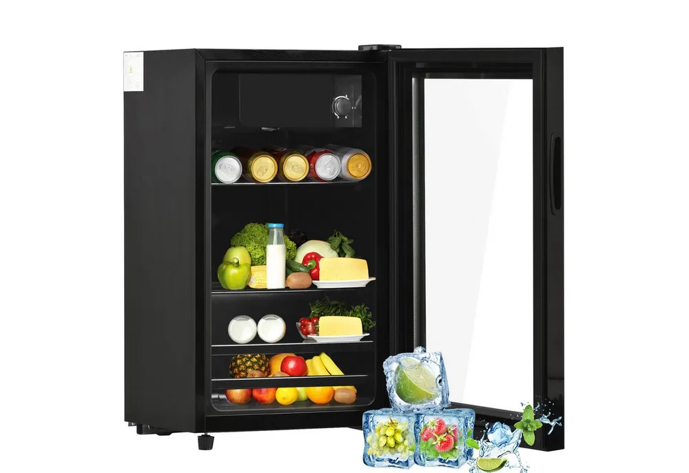 Merax Kühlschrank 76L mit Gefrierfach, Glastür, verstellebare Ablage, Getränkekühlschrank SC-76A, 71.6 cm hoch, 40 cm breit, Mini Kühlschrank, Kühl- und Gefrierfunktion, freistehend