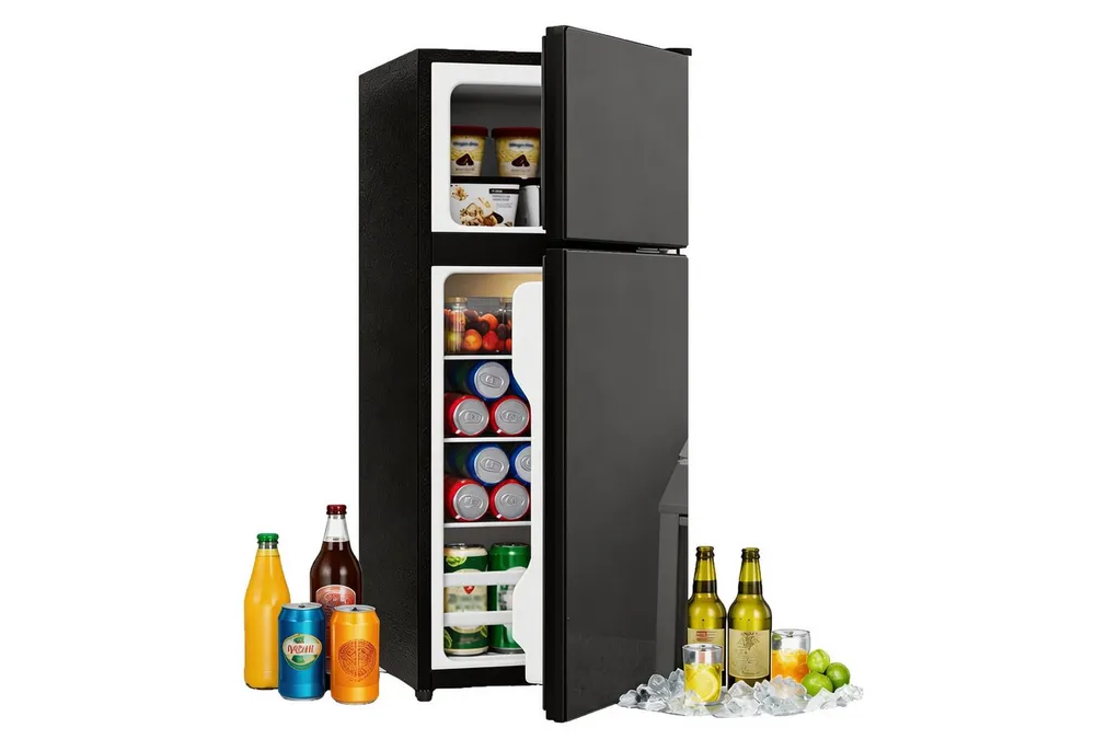 Merax Kühlschrank 92L mit Gefrierfach 28L, Minikühlschrank mit LED BCD-102AB, 102 cm hoch, 42.5 cm breit, Kühlschrank Freistehend mit Glastür, Leise 45dB, Temperaturregelung