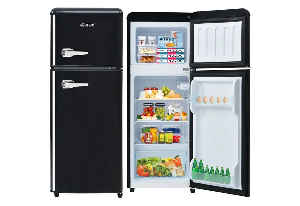 Merax Kühlschrank Retro Kühl-/Gefrierkombination BCD-102, 101 cm hoch, 41 cm breit, 92 Liter, Metall Türgriff, verstellebare Ablage und Füße
