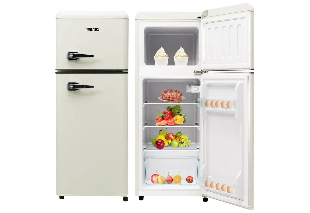 Merax Kühlschrank Retro Kühl-/Gefrierkombination BCD-102, 101 cm hoch, 41 cm breit, 92 Liter, Metall Türgriff, verstellebare Ablage und Füße