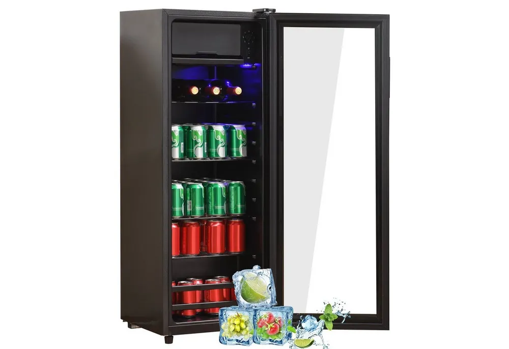 Merax Table Top Kühlschrank 128L mit Gefrierfach, Glastür, LED-Beleuchtung, verstellebare Ablage, Getränkekühlschrank SC-128P, 110 cm hoch, 40 cm breit, Mini Kühlschrank, Kühl- und Gefrierfunktion, freistehend