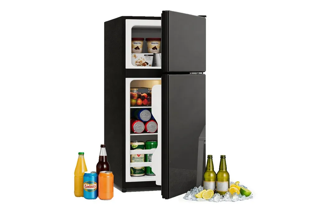 Merax Table Top Kühlschrank Freistehend, Minikühlschrank 60L mit Gefrierfach 22L BCD-86AB, 87.5 cm hoch, 42.5 cm breit, Kompakt Kühlschrank mit Glastür & LED, Leise 45dB, Temperaturregelung