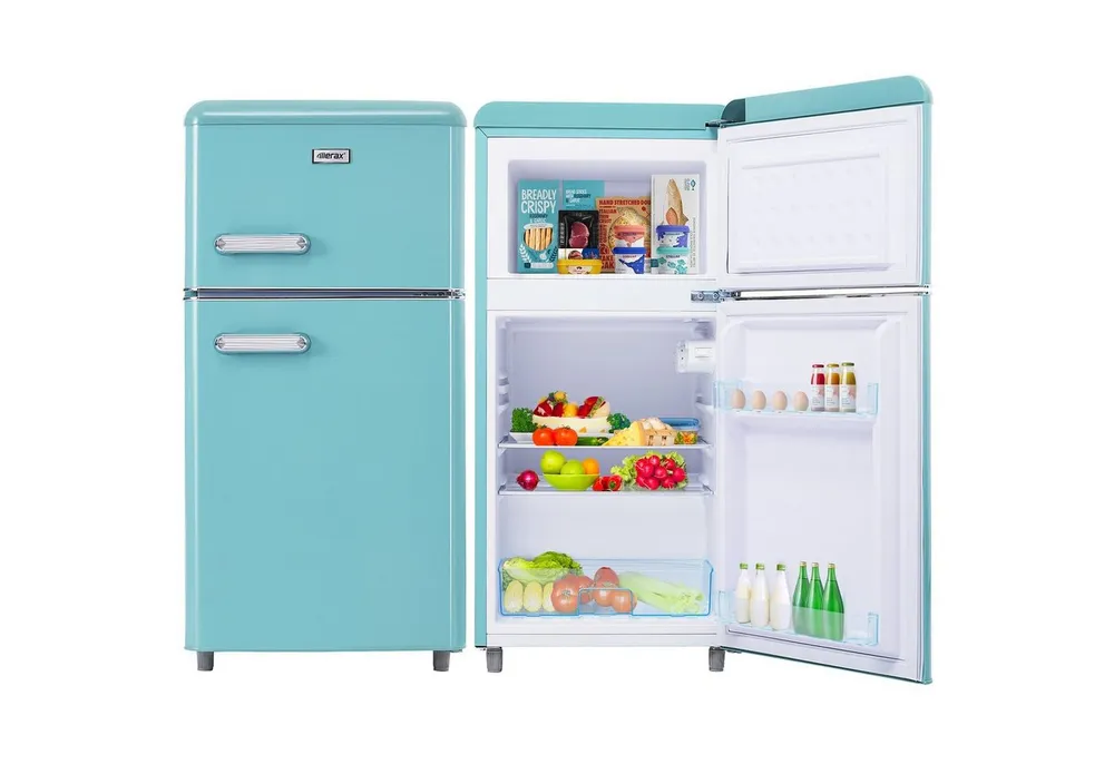 Merax Table Top Kühlschrank Retro Kühl-/Gefrierkombination BCD-100C, 89 cm hoch, 45 cm breit, 72 Liter, Metall Türgriff, verstellebare Ablage und Füße