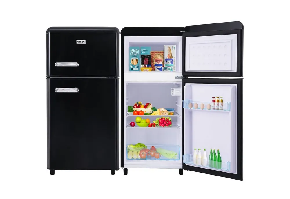 Merax Table Top Kühlschrank Retro Kühl-/Gefrierkombination BCD-100C, 89 cm hoch, 45 cm breit, 72 Liter, Metall Türgriff, verstellebare Ablage und Füße