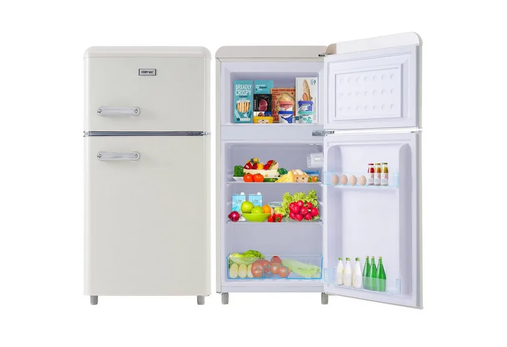 Merax Table Top Kühlschrank Retro Kühl-/Gefrierkombination BCD-100C, 89 cm hoch, 45 cm breit, 72 Liter, Metall Türgriff, verstellebare Ablage und Füße