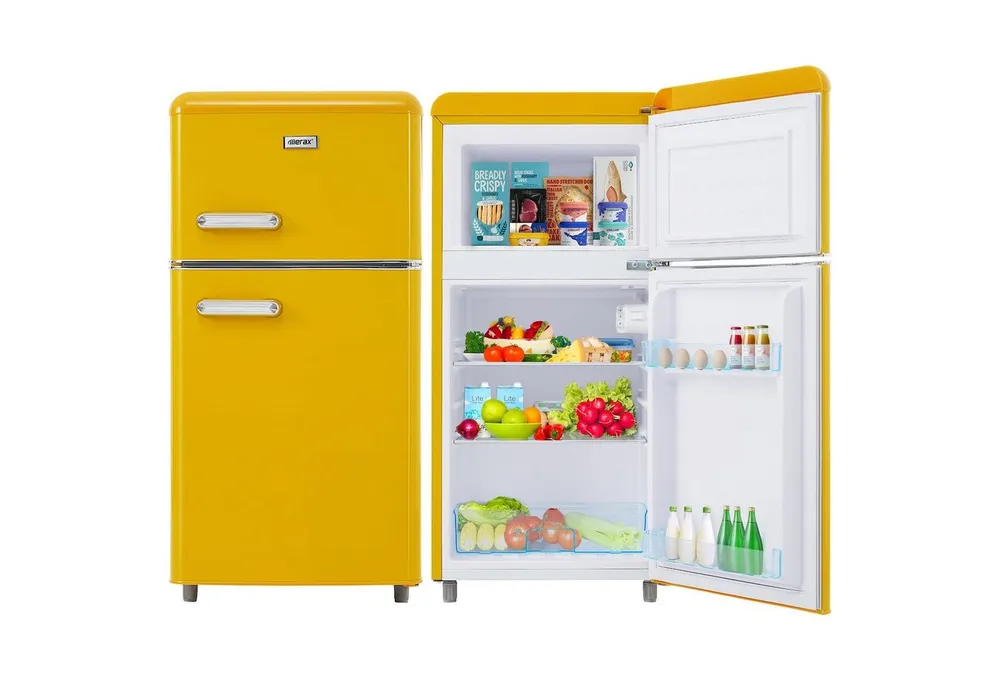 Merax Table Top Kühlschrank Retro Kühl-/Gefrierkombination BCD-100C, 89 cm hoch, 45 cm breit, 72 Liter, Metall Türgriff, verstellebare Ablage und Füße