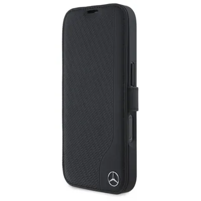Mercedes Benz Handyhülle Bookcase iPhone 16 Echtleder schwarz Stern silber 6,1 Zoll, Kantenschutz