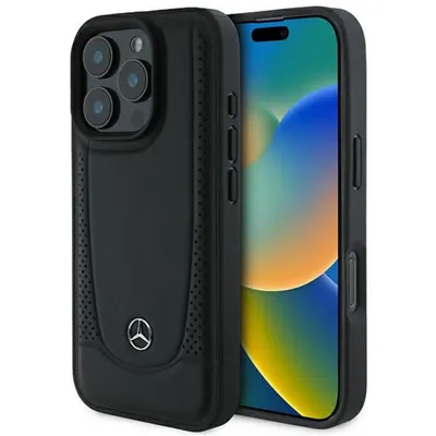 Mercedes Benz Handyhülle iPhone 16 Pro Echtleder schwarz Logo Metall 6,3 Zoll, Kantenschutz