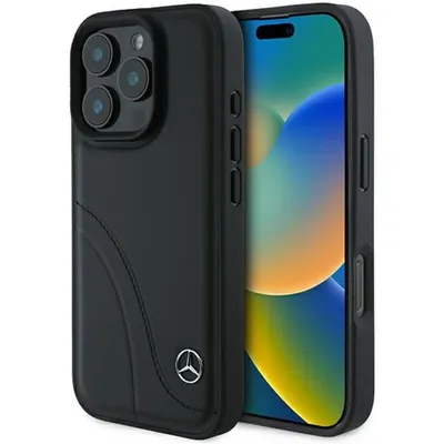 Mercedes Benz Handyhülle iPhone 16 Pro Echtleder schwarz Stern Metall
