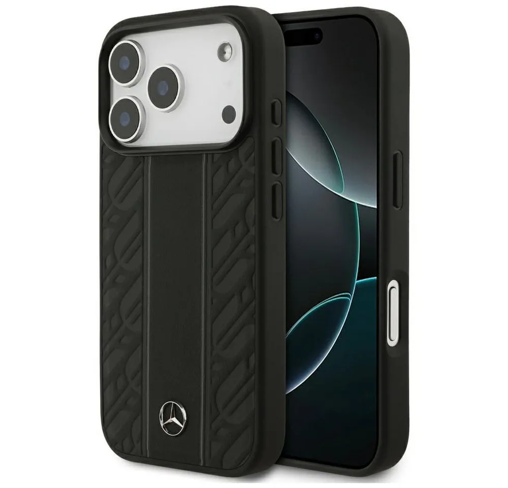 Mercedes Benz Handyhülle iPhone 17 Pro Echtleder schwarz Muster Logo Metall MagSafe 6