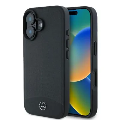 Mercedes Benz Handyhülle iPhone 16 Echtleder schwarz Stern MagSafe kompatibel 6,1 Zoll, Kantenschutz