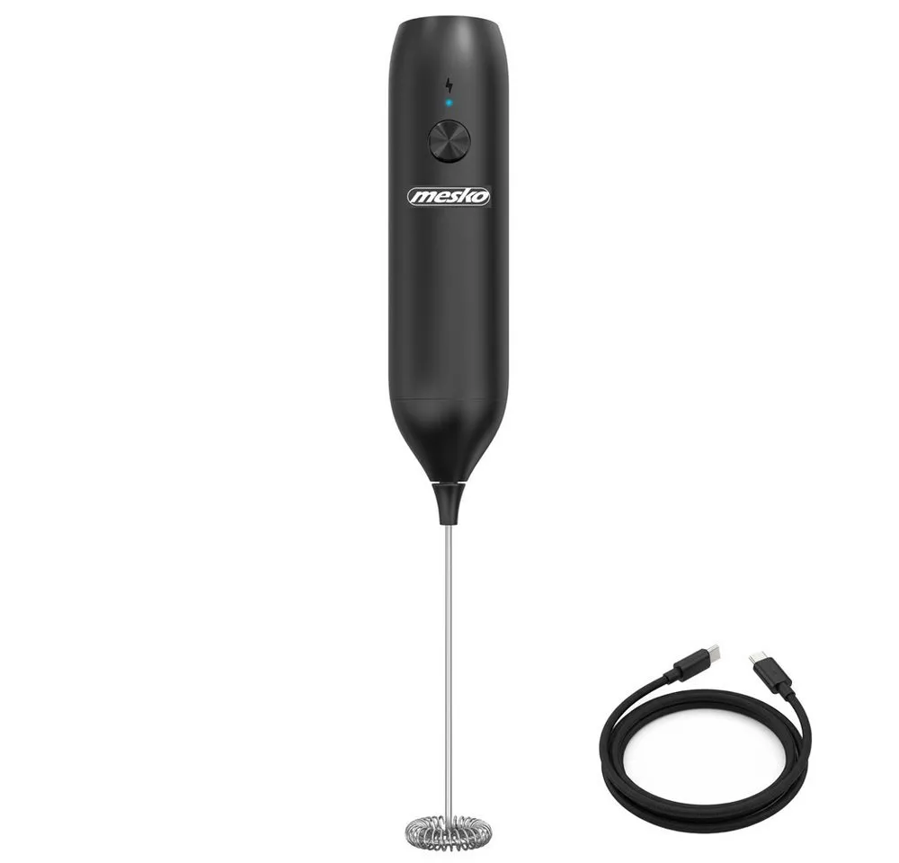Mesko Milchaufschäumer MS 4534 wiederaufladbar, USB-C Handaufschäumer, Edelstahl-Quirl, für Cappuccino, Latte Macchiato, Matcha, Kakao Schwarz