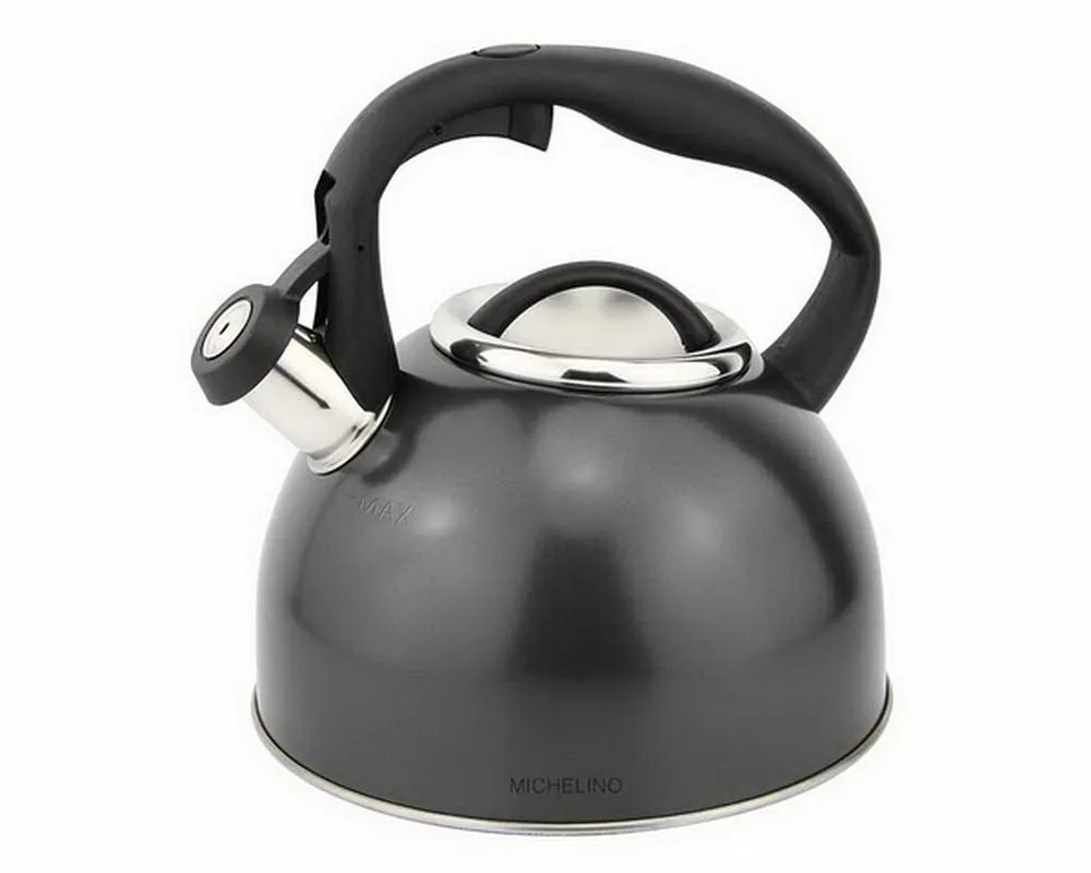 Michelino Heißwasserspender 2,5 Liter Edelstahl Flötenkessel Teekessel Kessel, Durchmesser des Heizfeldes: ⌀ 20 cm - hitzeresistenter Komfortgriff