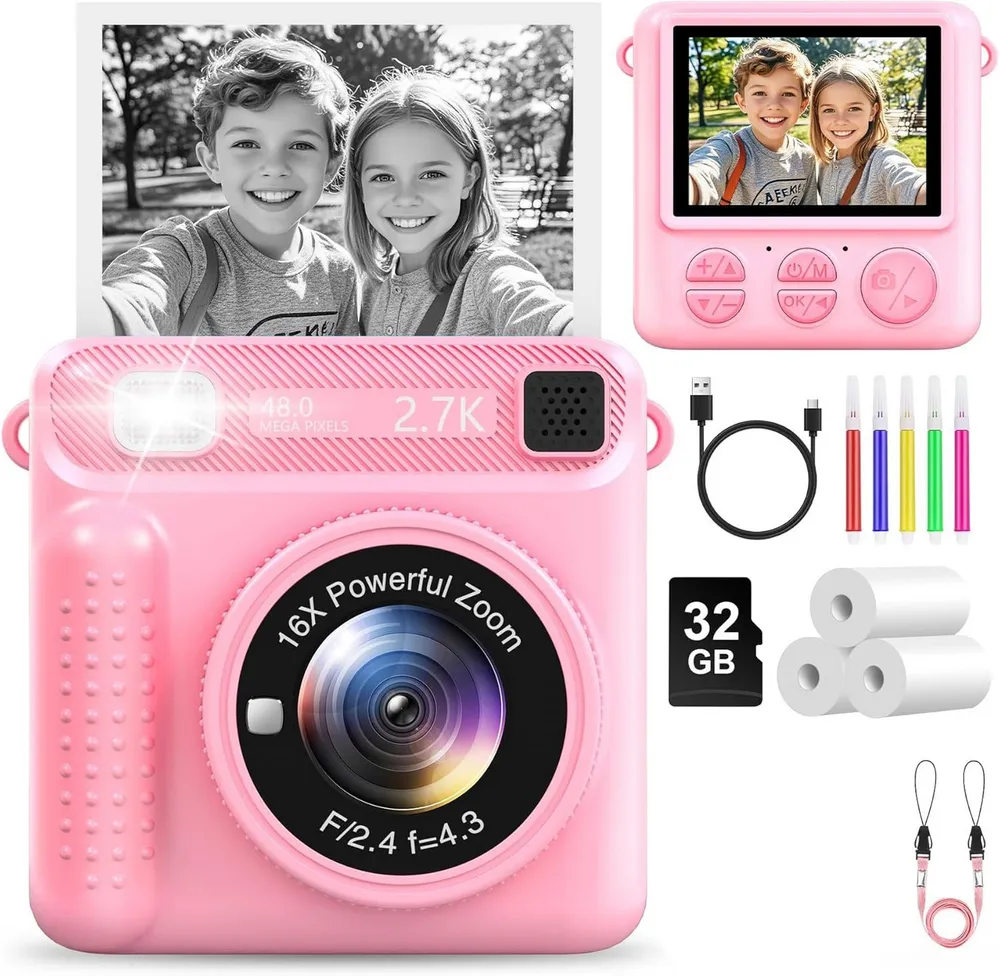 Minicloss 1080P 2,4 Zoll Bildschirm KinderKamera mit 32G Karte & Druckpapier Sofortbildkamera (30 MP)