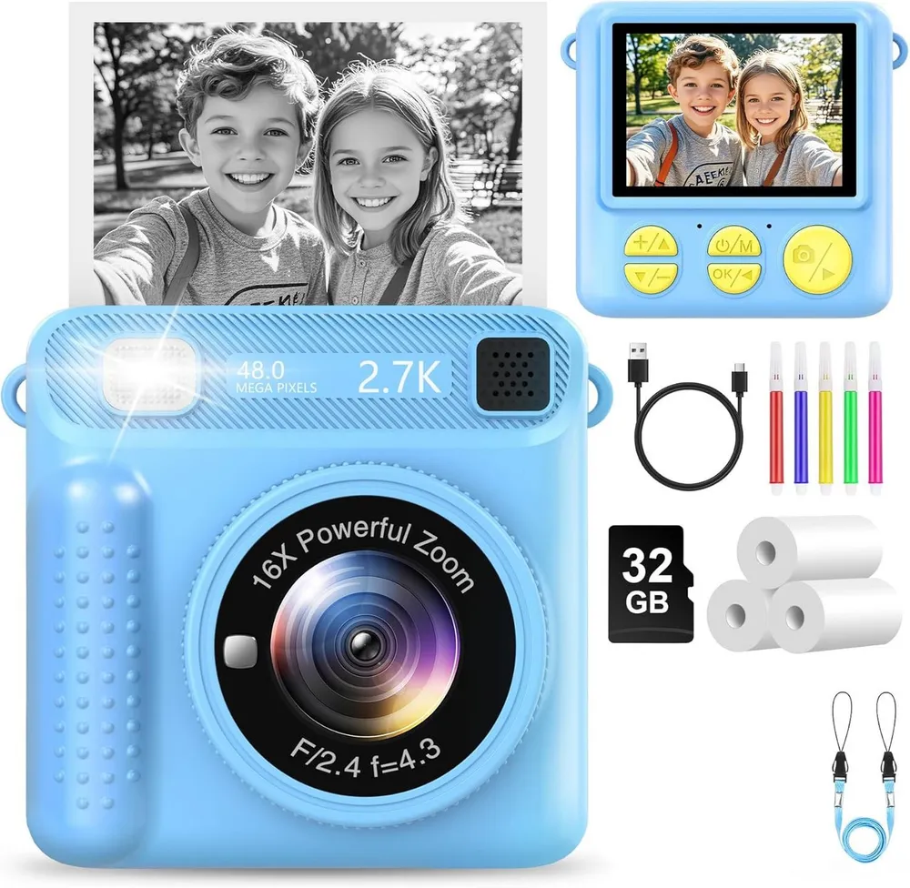 Minicloss 1080P 2,4 Zoll Bildschirm KinderKamera mit 32G Karte & Druckpapier Sofortbildkamera (30 MP)