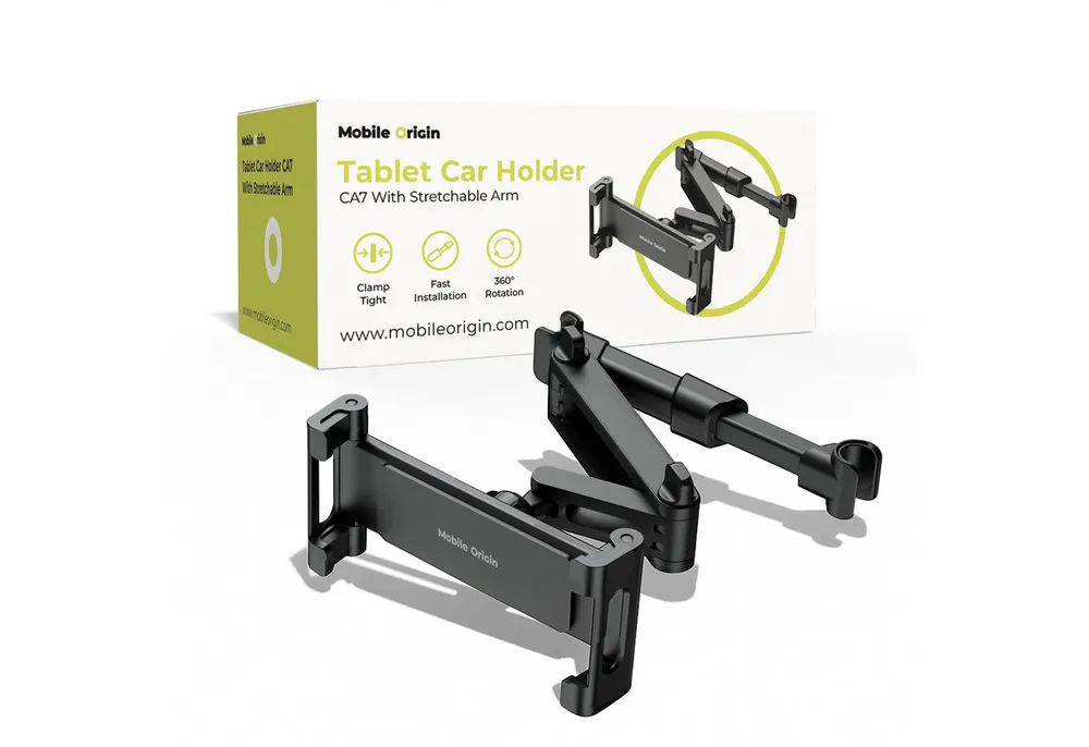 Mobile Origin Tablet-Halterung Ausziehbare KFZ-Kopfstützen Halterung Auto für iPad Universal Tablet, (bis 13 Zoll, Breiter Größenbereich 5,3–12,9", 106–243 mm Auszug, Ladeport‑Zugang)