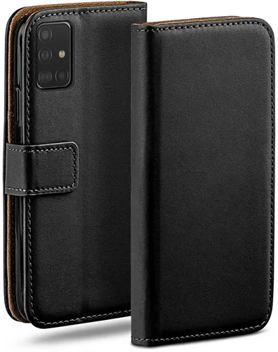 moex Handyhülle für Samsung Galaxy A51 Hülle Klappbar Book Case Schwarz 6,5 Zoll, Klapphülle Kartenfach Flip Cover Handytasche Leder Optik Schutzhülle