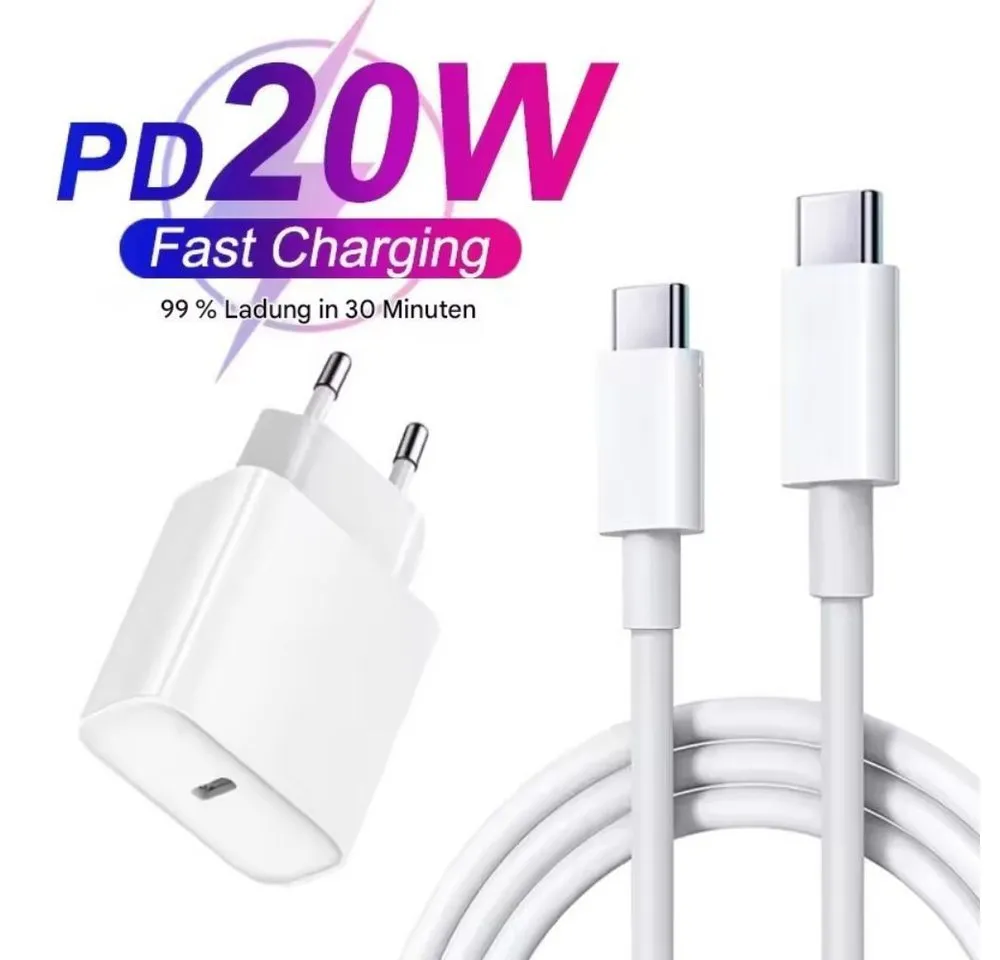 Montegoni 20W Schnellladegerät Set mit 1m USB-C Kabel, Fast Charger für iPhone Smartphone-Ladegerät (1× 20W PD Schnellladeadapter, 1m USB-C auf USB-C, Schnellladung, Power Delivery, 1m Kabel, Schutzfunktionen)
