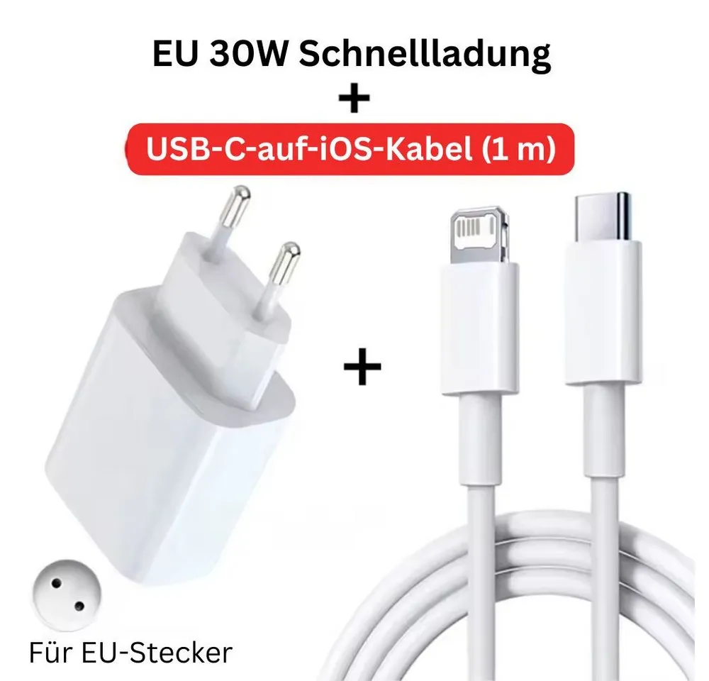 Montegoni 30W PD Schnellladegerät USB C auf Lightning Kabel für iPhone Smartphone-Ladegerät (Ladegerät Kabel Set, 1 Stück Schnellladegerät mit USB-C-auf-Lightning-Kabel, "30W PD Schnellladen mit USB C auf Lightning Kabel, Kompaktes Design)