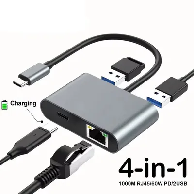 Montegoni 4-in-1 USB C Dockingstation mit RJ45, PD 60W und USB Hub Computer-Adapter zu USB Type-C, 1000Mbps Ethernet Port, Kompatibilität, Kompaktes Design