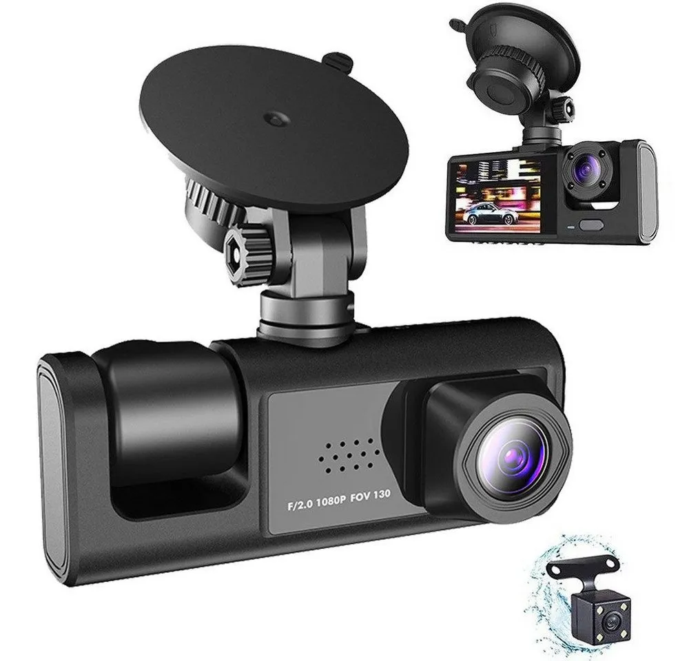 MOPUEA 3-Kamera Dashcam Auto 1080P Full HD Front Innen Rückkamera Dashcam (Nachtsicht Parküberwachung Bewegungserkennung Auto Kamera, Dual Aufnahme vorne und innen gleichzeitig, Weitwinke)