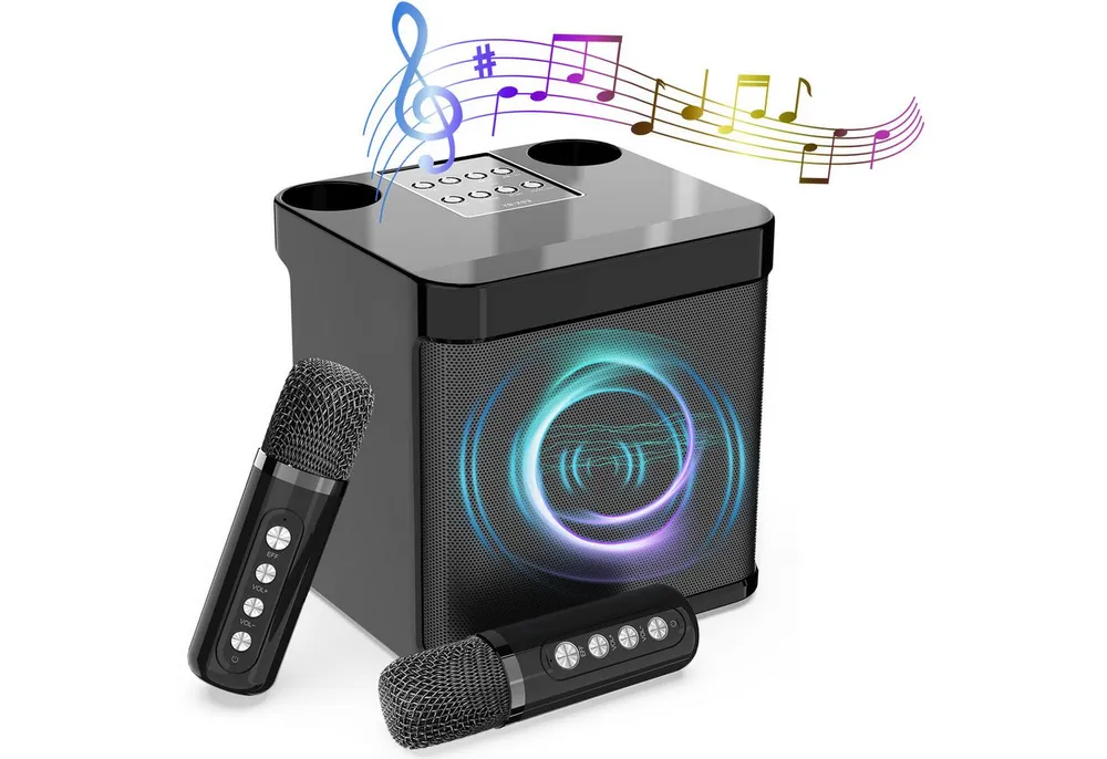 MOPUEA Bluetooth Karaoke Lautsprecher mit 2 Mikrofonen Mini Karaoke Anlage Bluetooth-Lautsprecher (Bluetooth, 10 W, Lautsprecher mit Echo, unterstützt TF/USB, AUX-In, für Zuhause, Party)