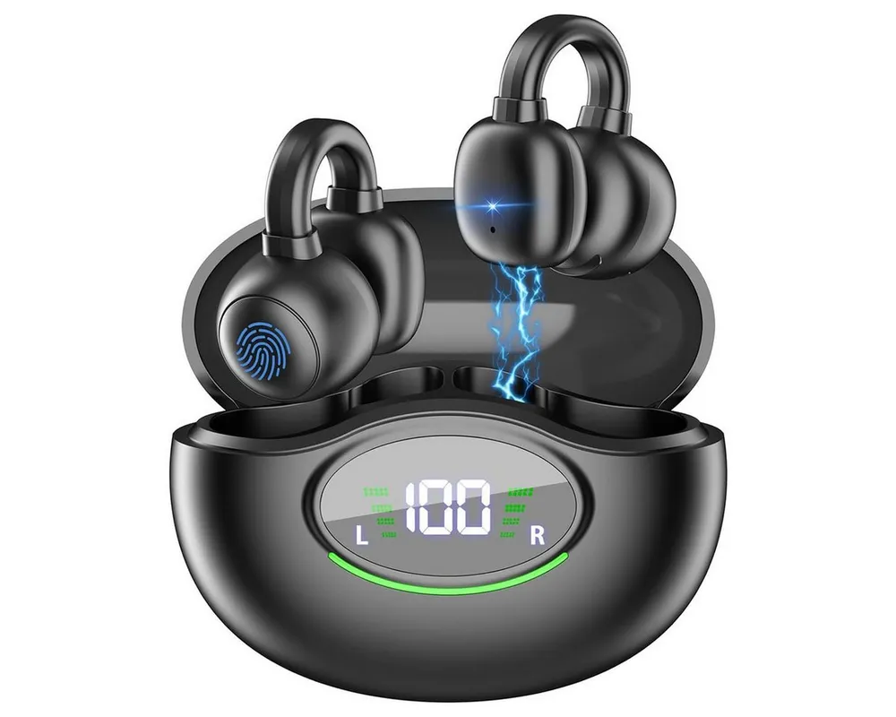 MOPUEA Bluetooth-Kopfhörer, Bluetooth 5.3, Rauschunterdrückung, Ohrclip-Typ wireless In-Ear-Kopfhörer (Innovatives Clip-Design, 80h Laufzeit, wasserdicht)