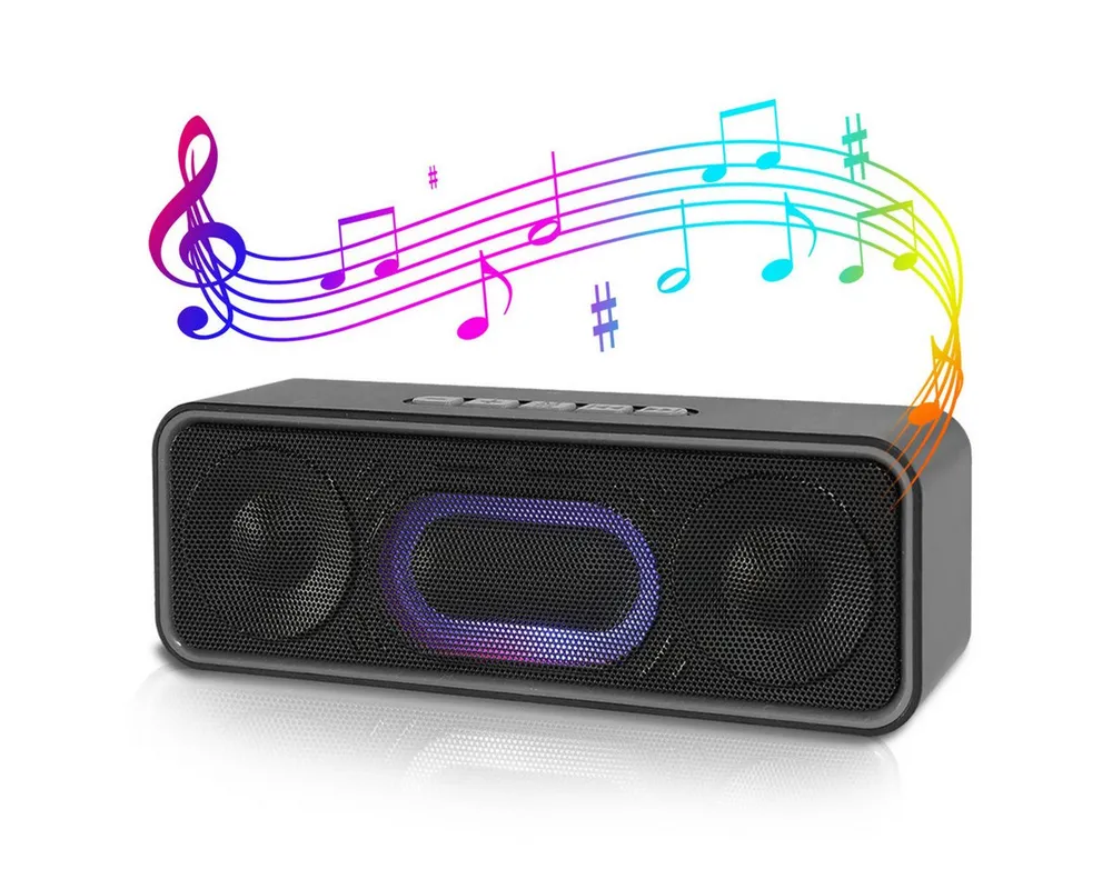 MOPUEA Bluetooth Lautsprecher 3D Surround TWS Tragbarer FM Radio Lautsprecher Bluetooth-Lautsprecher (Bluetooth 5.0 TWS 3D Sound FM Radio LED Licht 1500mAh)
