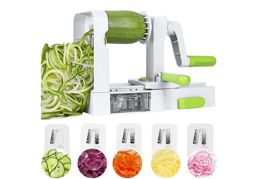 MOPUEA Gemüseschneider Gemüsehobel, Obst- und Gemüsereibe, Multifunktionsreibe mit 5 Klingen, 5 in 1 Käsereibe mit Griff, klappbare Käse- und Gemüseschneider-Reibe