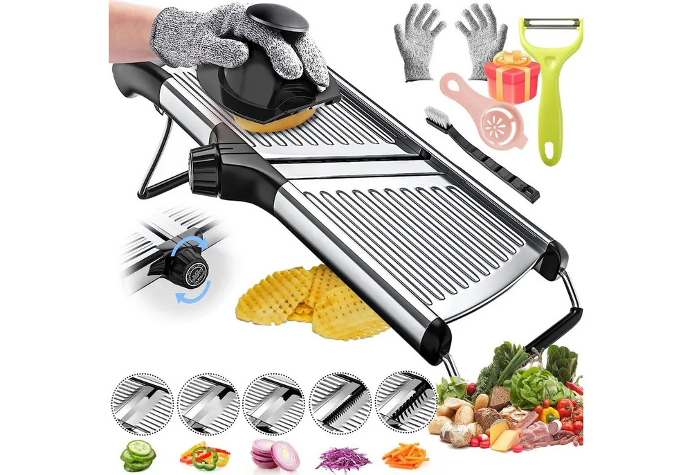 MOPUEA Gemüseschneider Mandoline Gemüsehobel Nicer Dicer mit Handschuhen multifunktional 11ST, Sicher, verstellbar 1-9mm, Edelstahl, rutschfest, leicht zu reinigen