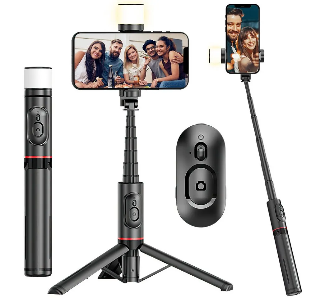 MOPUEA Halterung Handy-Selfie-Stick multifunktionaler Handy-Halterung Teleskop Stative, (Bluetooth-Fernbedienung, 1-tlg., 360° drehbares Aufhelllicht, Tragbares, verstecktes All-in-One-Design)