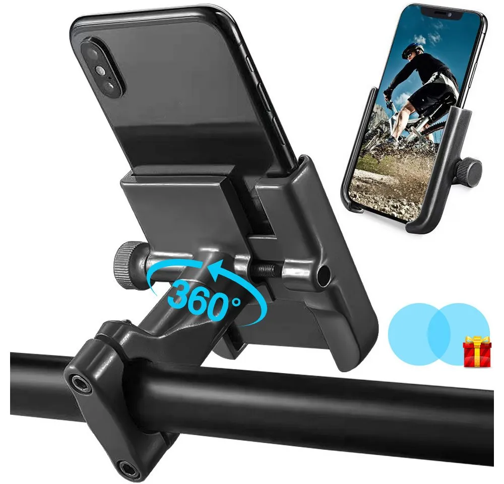 MOPUEA Handy-Halterung 360° drehbarer Handyhalter Smartphone-Halterung aus Aluminium, (bis 6,8 Zoll, Motorradhalterung für Motorrad, Fahrrad und E-Scooter, 1-tlg., mit 2 Regenschutzfolien für Motorradspiegel (rund), stabil, rutschfest und einfach zu installieren)