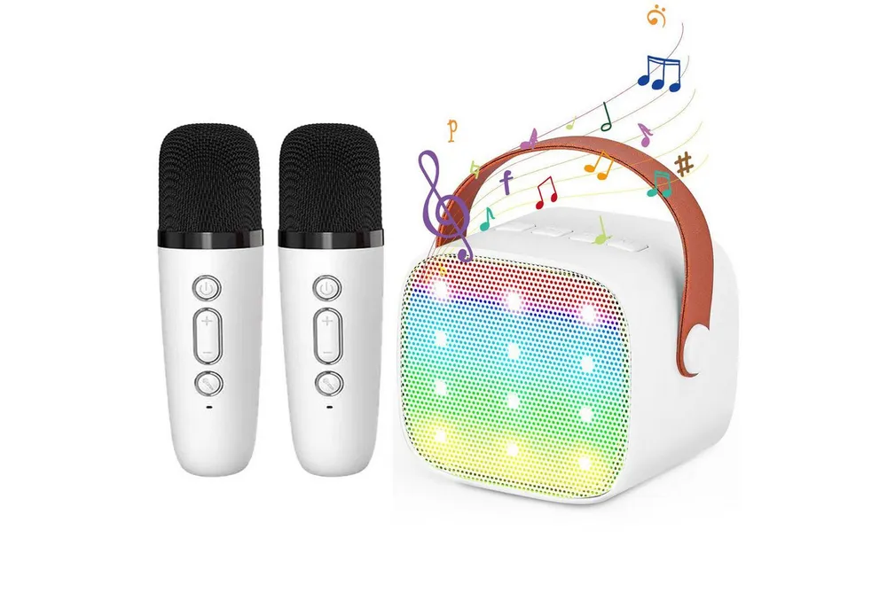 MOPUEA Kinder-Karaoke-Maschine mit 2 kabellosen Mikrofonen Mini-Karaoke-Set Bluetooth-Lautsprecher (HIFI Klangqualität, Bluetooth 5.0 Verbindung, 360 Grad Surround Sound)