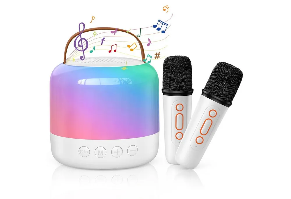 MOPUEA Mini Karaoke Maschine mit 2 Kabellosen Mikrofonen Karaoke-Anlage Bluetooth-Lautsprecher (5 W, mit LED Lichteffekt, USB-Ladung,Geburtstags- und Urlaubsgeschenk)