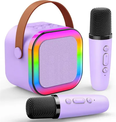 MOPUEA Mini-Karaoke-Set Karaoke-Maschine mit 2 kabellosen Mikrofonen Bluetooth-Lautsprecher (5 W, Spielzeug, Partygeschenk, tragbar, Geschenke)