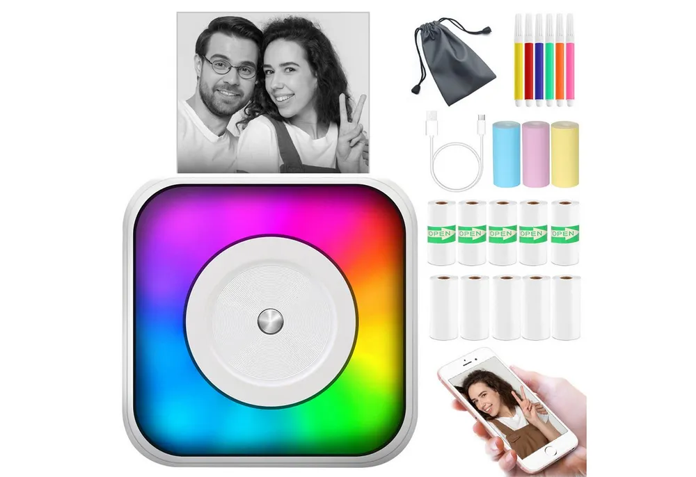 MOPUEA Mini-Thermodrucker Bluetooth Farbwechselnd Set mit 13 Rollen Papier Etikettendrucker, (Kein Tintenbedarf, 203 DPI, OCR, tragbar, langlebiger Akku)