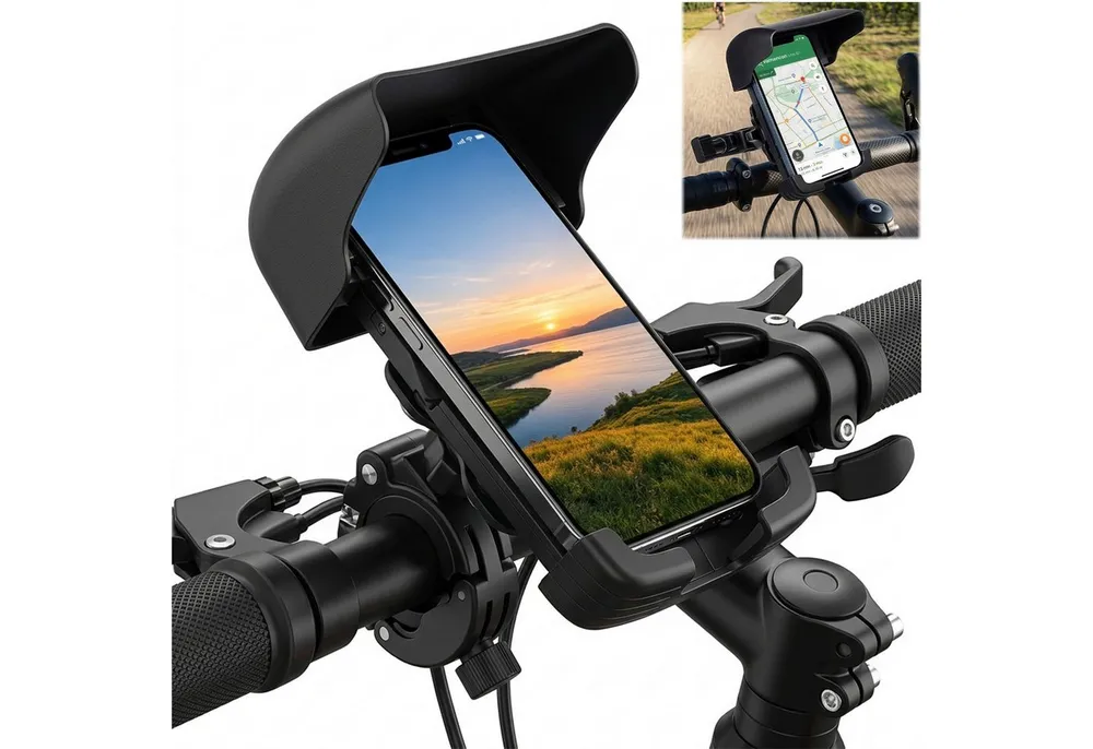 MOPUEA Smartphone-Halterung Handyhalterung Fahrrad 360° Drehbar Sonnenschutz Stoßfest Outdoor, (Handyhalterung mit Sonnenschutz und 360° Drehfunktion, Für Fahrrad Boot Outdoor und sichere Smartphone Nutzung, 360° drehbar stoßfest und werkzeuglos montierbar)