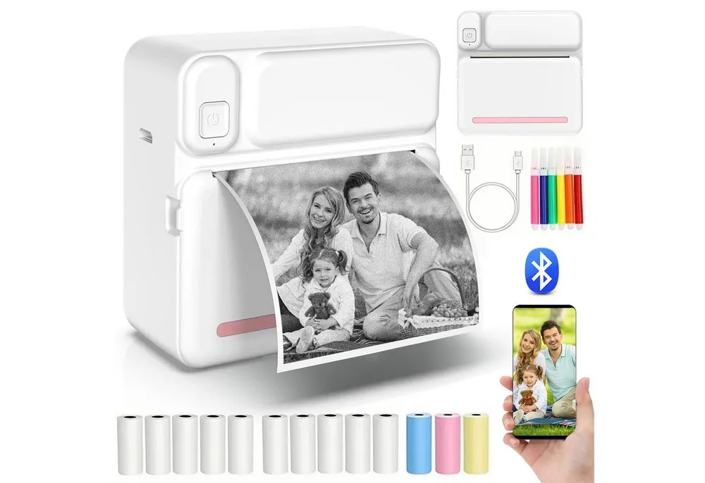 MOPUEA Thermodrucker Kompatibel für iOS Android Etikettendrucker Bluetooth Etikettendrucker, (Bluetooth-Fotodrucker, WLAN (Wi-Fi),Blau Mini-Drucker, mit 6 Farbstift, 5 Druckpapier, 5 selbstklebendes Thermopapier, 3 Farbdruckpapier)