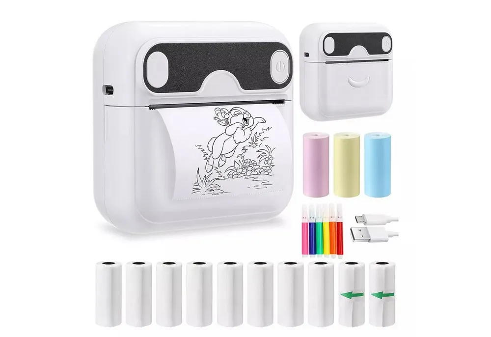 MOPUEA Thermodrucker Mini-Multifunktionsdrucker Bluetooth Etikettendrucker Etikettendrucker, (Ausgezeichnete Druckqualität Und 10 Rollen Papier)
