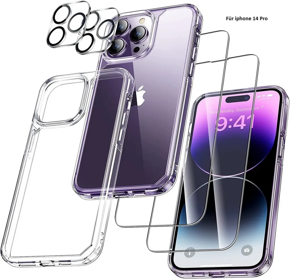 MORRENT Handyhülle Schutzhülle für Iphone 14 pro Hülle +2x Panzerglass +2 Kameraschutz